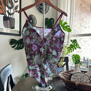 NWOT Free People Cami Floral Hanky Style Adjustable Straps Burgundy V Neck Tank
